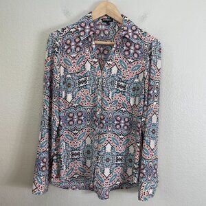 Express Womens Small Button Up Blouse Paisley Roll Tab Sleeve Shirt Top